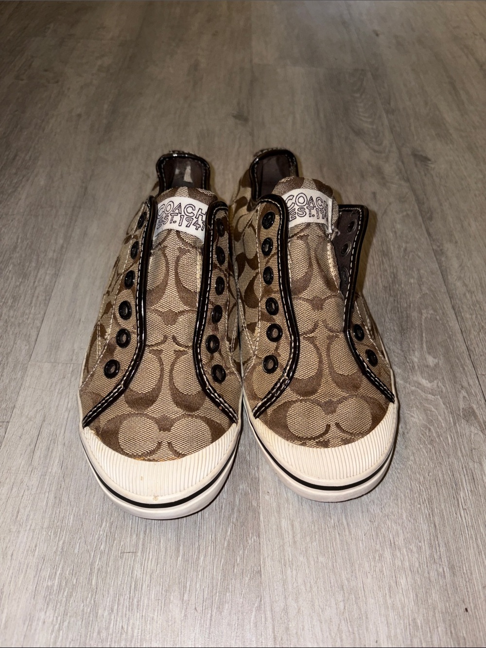 Coach Logo Slip-On Sneakers in Brown and Cream - Picture 2 of 5